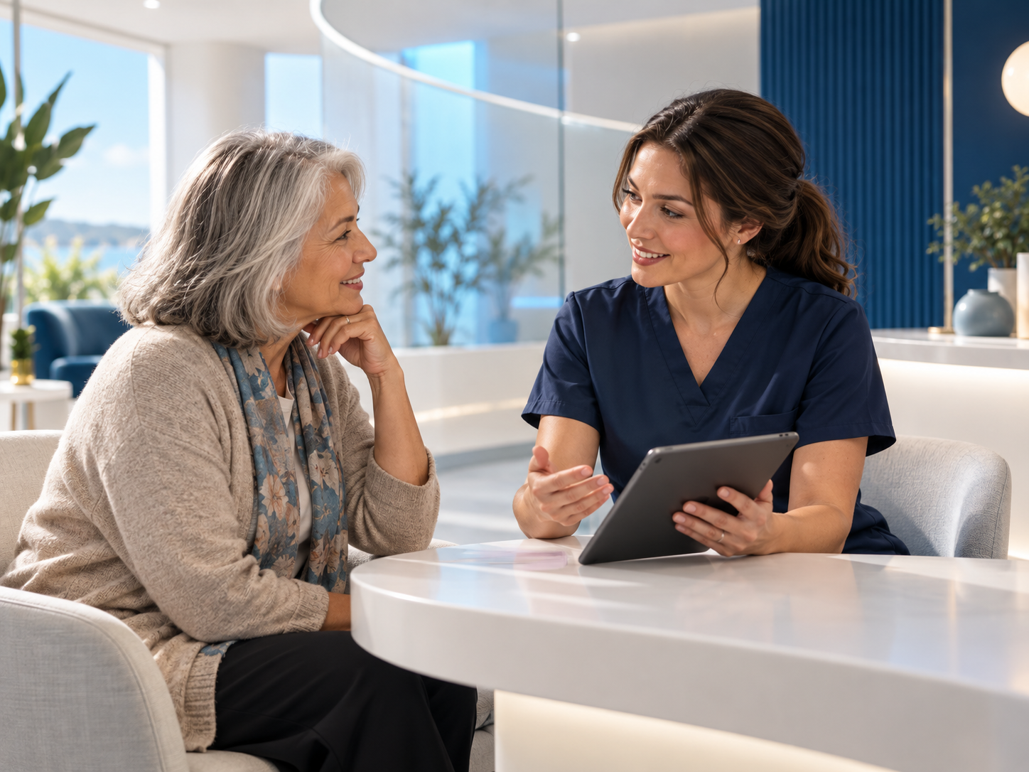 Illustrative care consultation between a healthcare professional and an older adult.