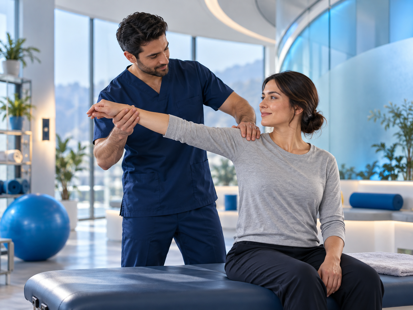 Illustrative shoulder mobility exercise supported by a healthcare professional.